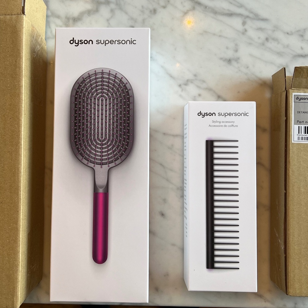 NIB Dyson Paddle Brush in Fuchsia and NIB Detangling Comb in Purple/Black